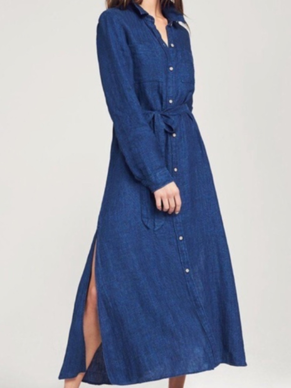 Faherty Indigo Linen Shirt Dress Button Front Lightweight Pockets Belt Coastal